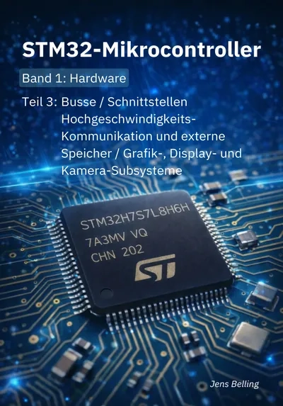 Buchcover „STM32-Mikrocontroller – Band 1: Hardware, Teil 3: Busse / Schnittstellen und Hochgeschwindigkeits-Kommunikation und externe Speicher / Grafik-, Display- und Kamera-Subsysteme“