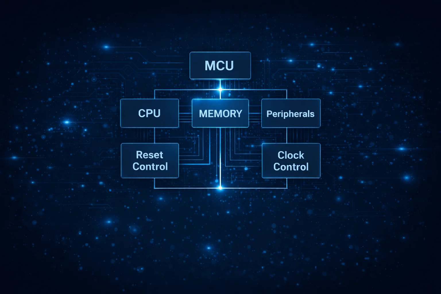 Architekturdiagramm eines STM32 Mikrocontrollers mit CPU, Speicher, Peripherie, Reset- und Clock-Control