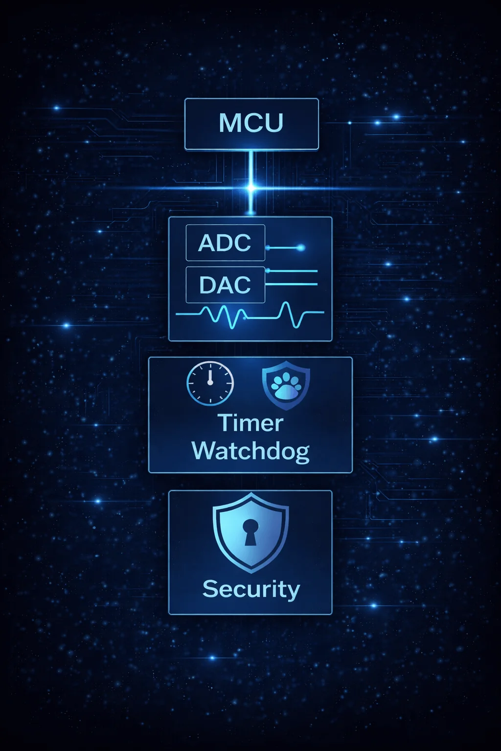 Strukturdiagramm eines STM32 Mikrocontrollers mit ADC, DAC, Timer, Watchdog und Sicherheitsfunktionen